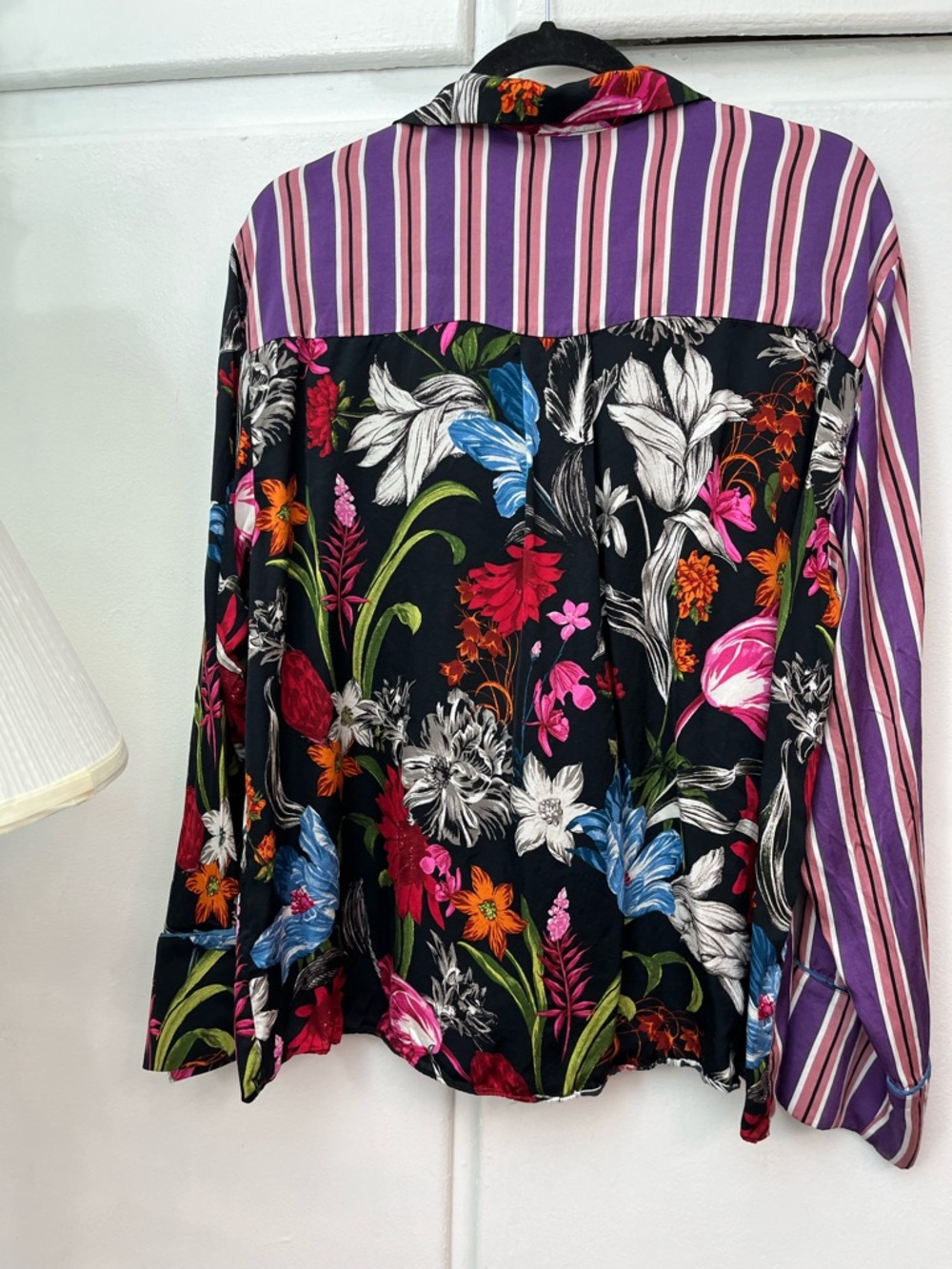Anthropologie Purple Stripe and Black Floral Mixed-Print Button Down Shirt - Picture 3 of 6